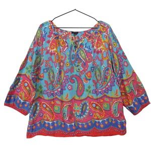 Talbots Paisley Blouse Womens XL Multicolor Excellent 3/4 Sleeve Cotton Boho Top